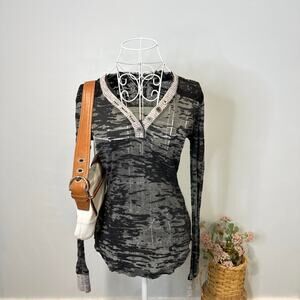 Vintage y2k black & gray sequin henley thermal button up long sleeve grunge top